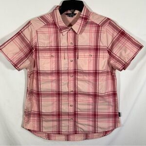 Eddie Bauer Ladies Short Sleeve Adventure Top, Small, Peach Starling Plaid